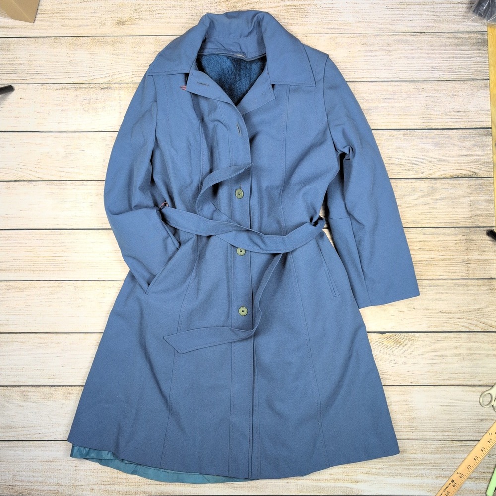 Vintage 70s Warner Blue Belted Trench Coat Women's Size L/ xl‎ Classic Style